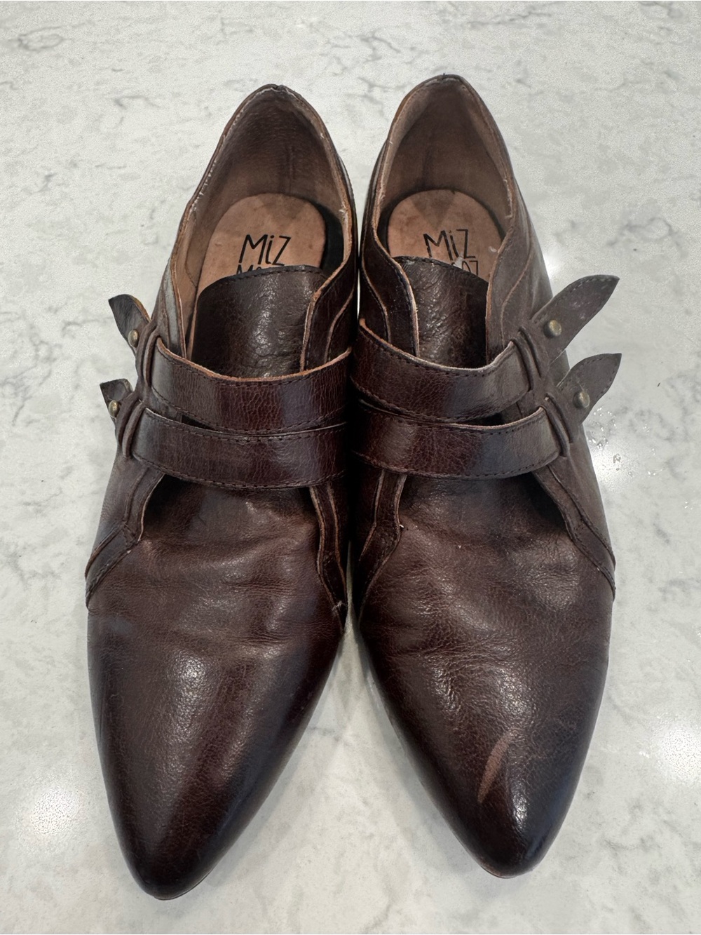 Miz Mooz Lorelle Brown Leather Pointed Toe Monk Strap Flats 8 / 38.5